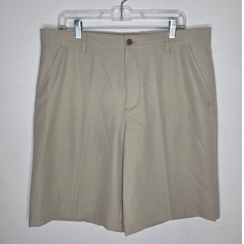 Izod light khaki tan flat front golf athletic shorts - 36